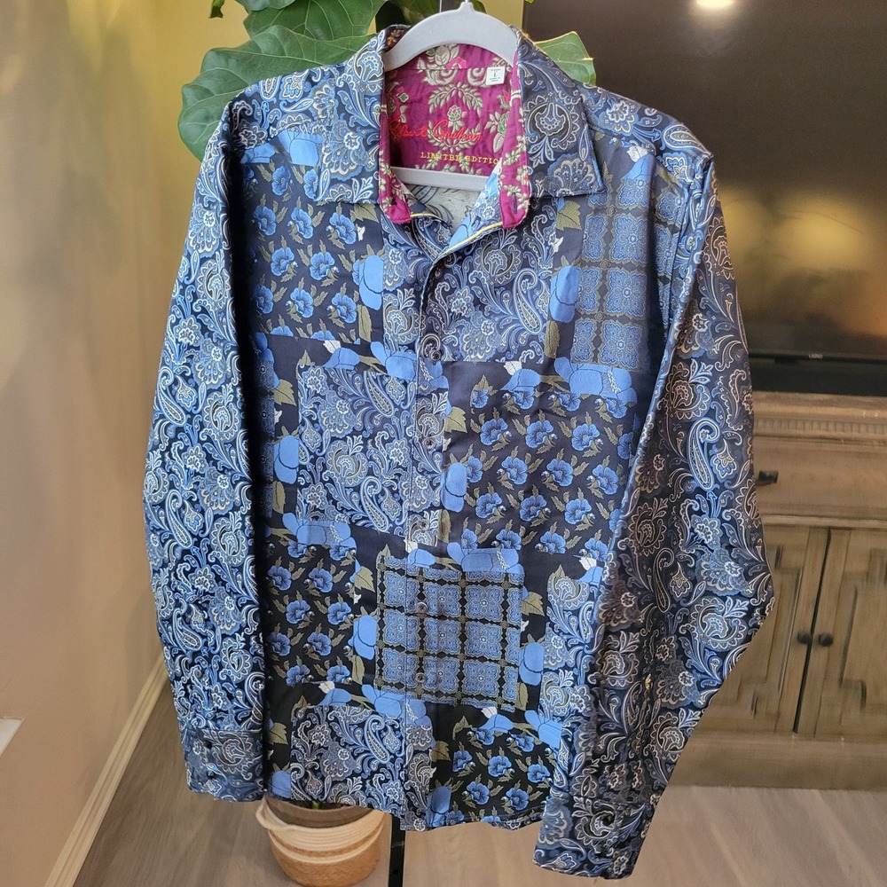 Robert Graham Limited Edition 100% Silk Paisley Patchwork Shirt Mens Large Blue